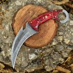 Handcrafted Damascus Karambit Knife 8.5 Inch Red Wood Handle with Sheath - Lavish Blade