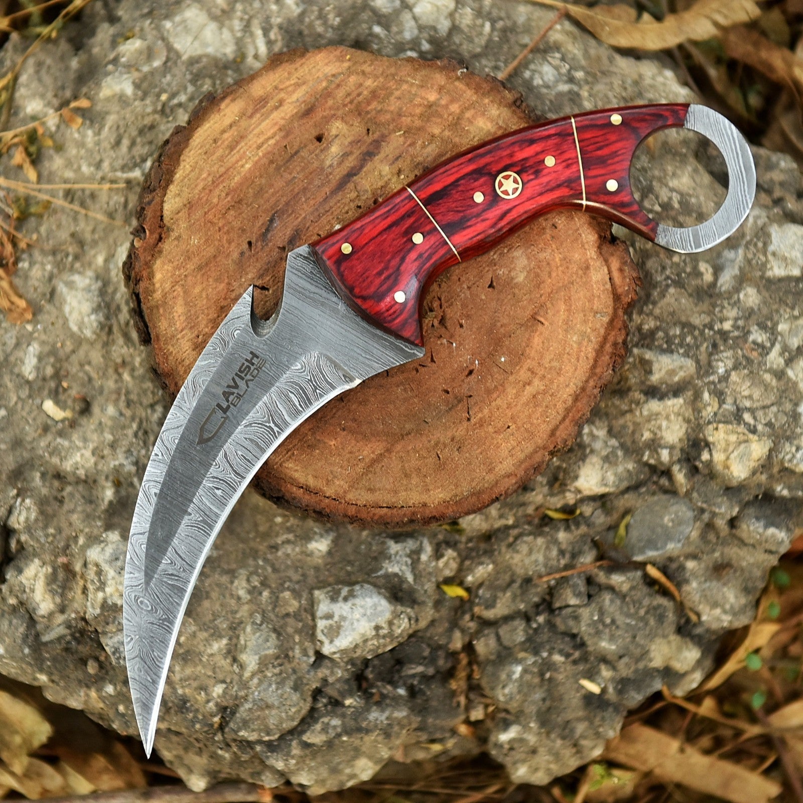 Handcrafted Damascus Karambit Knife 8.5 Inch Red Wood Handle with Sheath - Lavish Blade