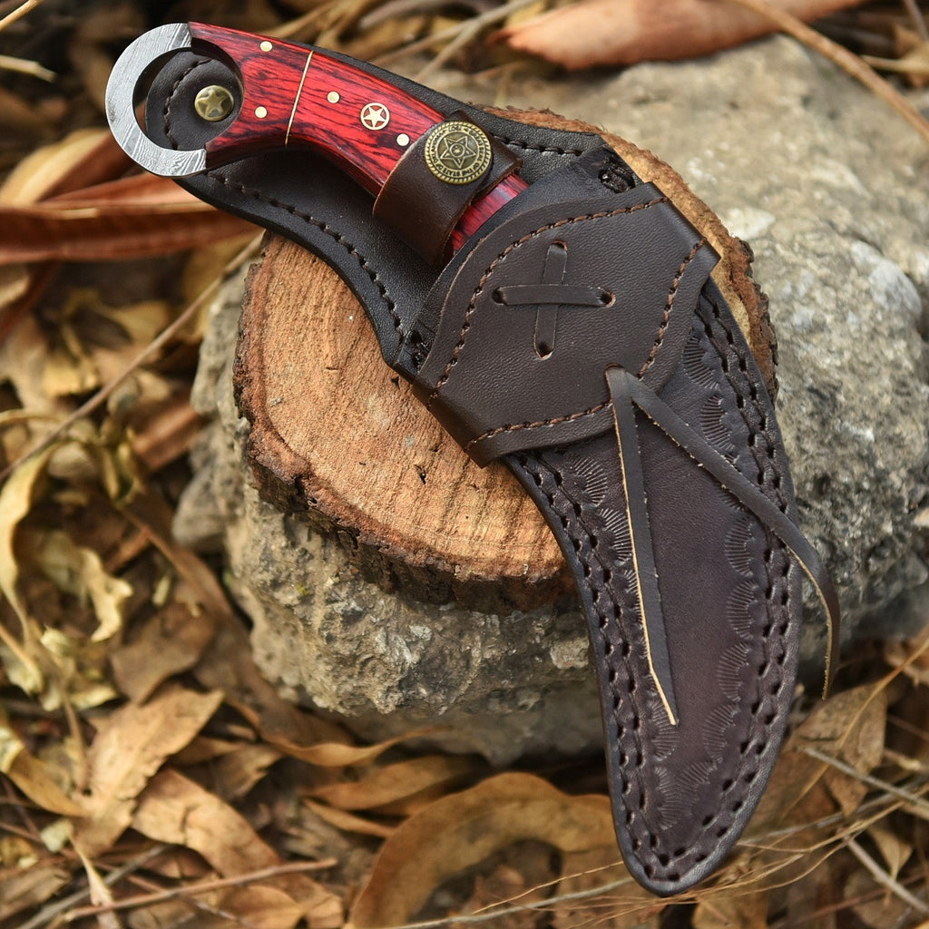Handcrafted Damascus Karambit Knife 8.5 Inch Red Wood Handle with Sheath - Lavish Blade