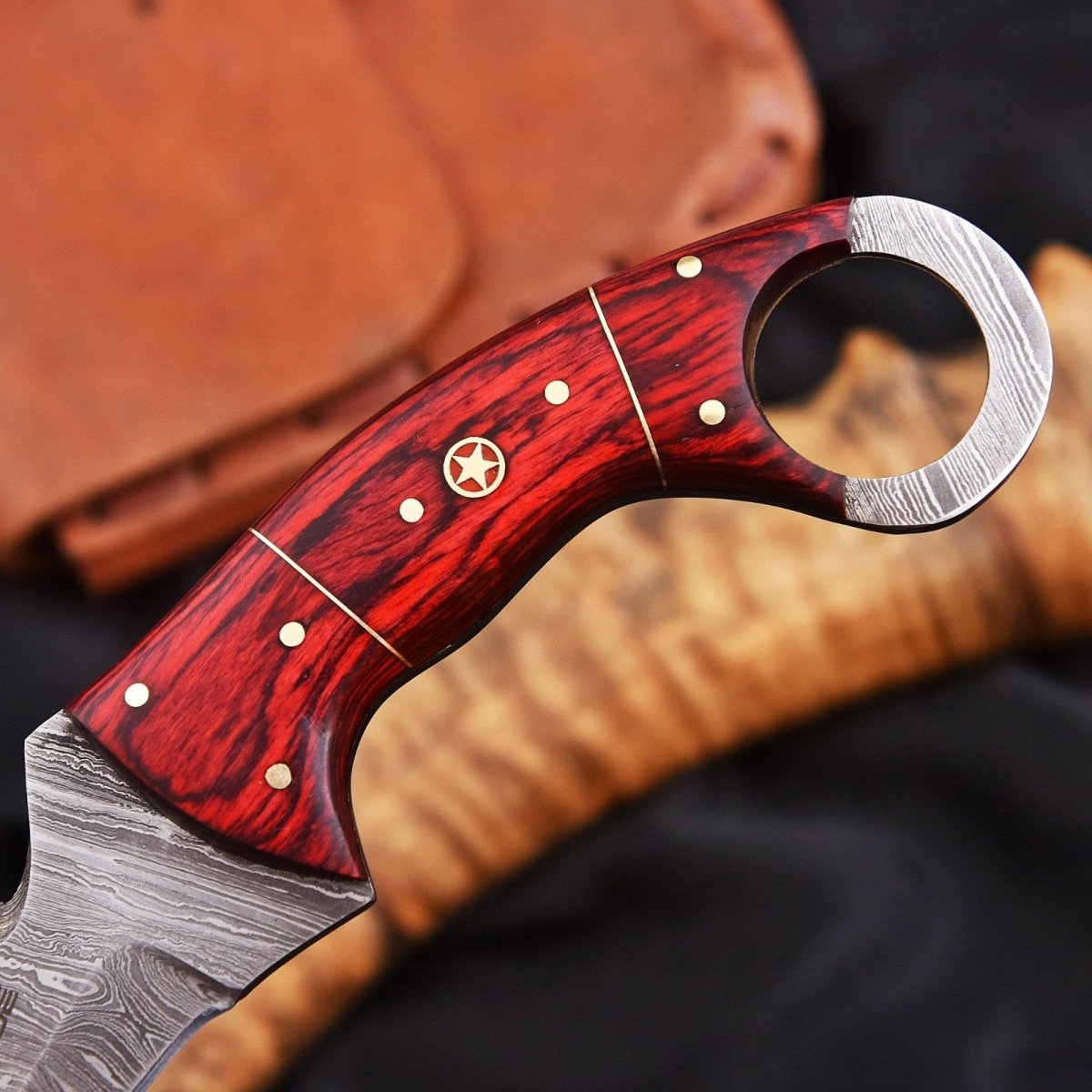 Handcrafted Damascus Karambit Knife 8.5 Inch Red Wood Handle with Sheath - Lavish Blade