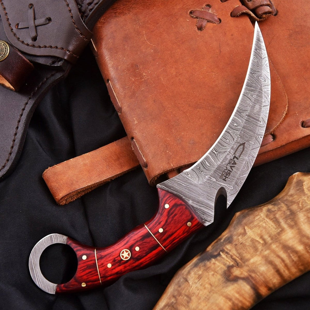 Handcrafted Damascus Karambit Knife 8.5 Inch Red Wood Handle with Sheath - Lavish Blade