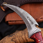 Handcrafted Damascus Karambit Knife 8.5 Inch Red Wood Handle with Sheath - Lavish Blade
