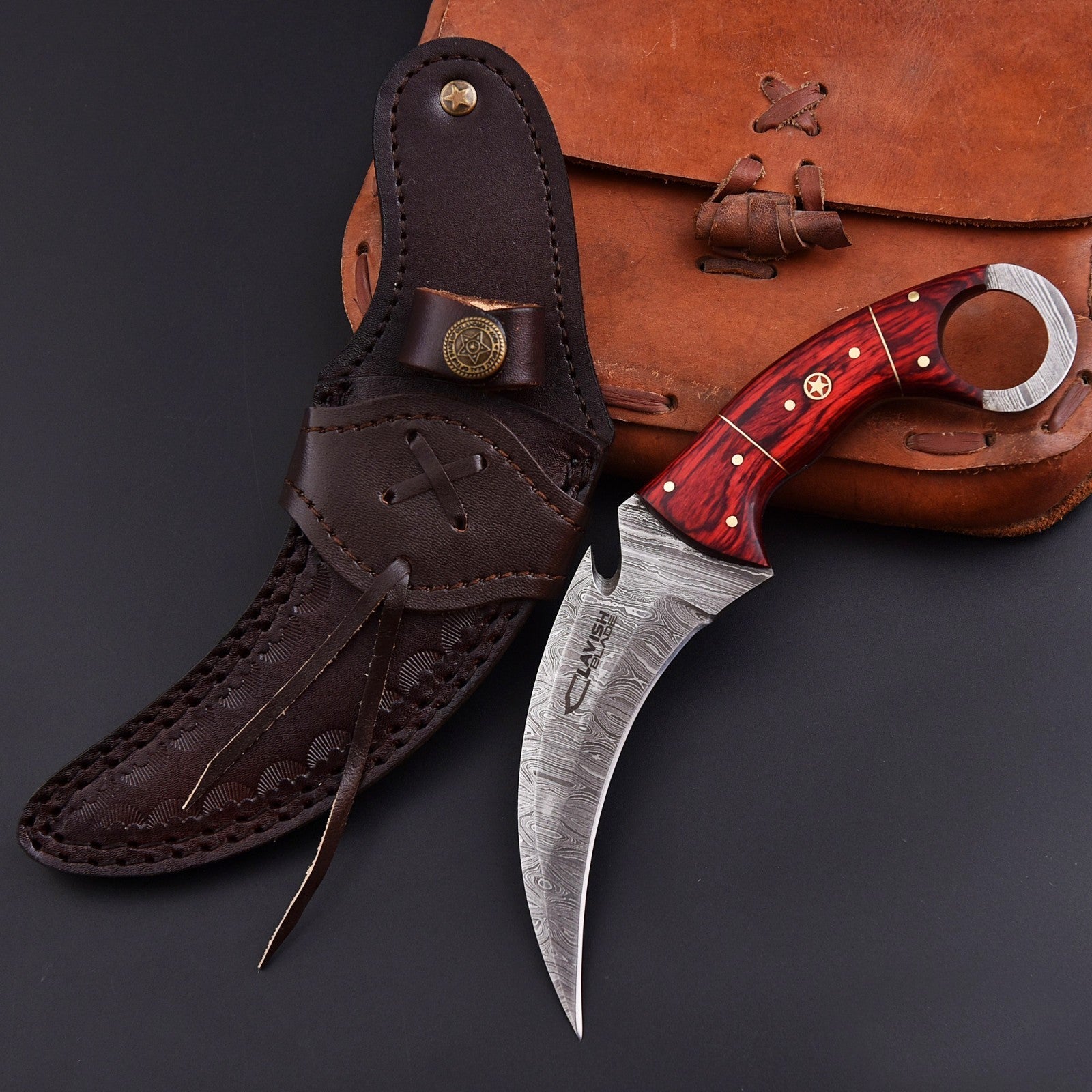 Handcrafted Damascus Karambit Knife 8.5 Inch Red Wood Handle with Sheath - Lavish Blade