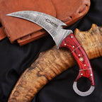 Handcrafted Damascus Karambit Knife 8.5 Inch Red Wood Handle with Sheath - Lavish Blade