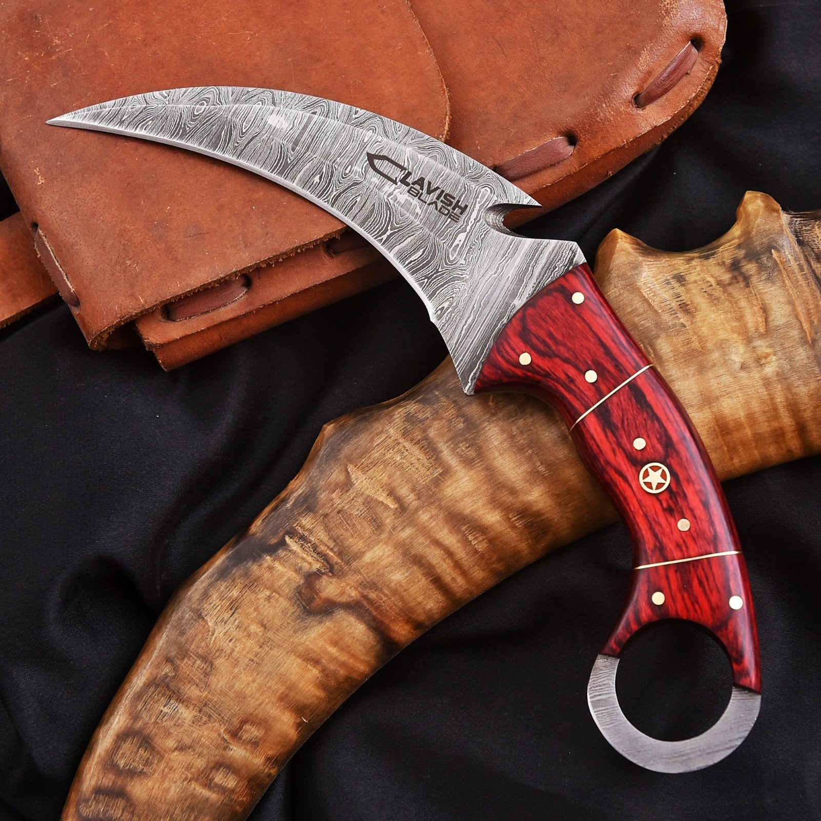 Handcrafted Damascus Karambit Knife 8.5 Inch Red Wood Handle with Sheath - Lavish Blade