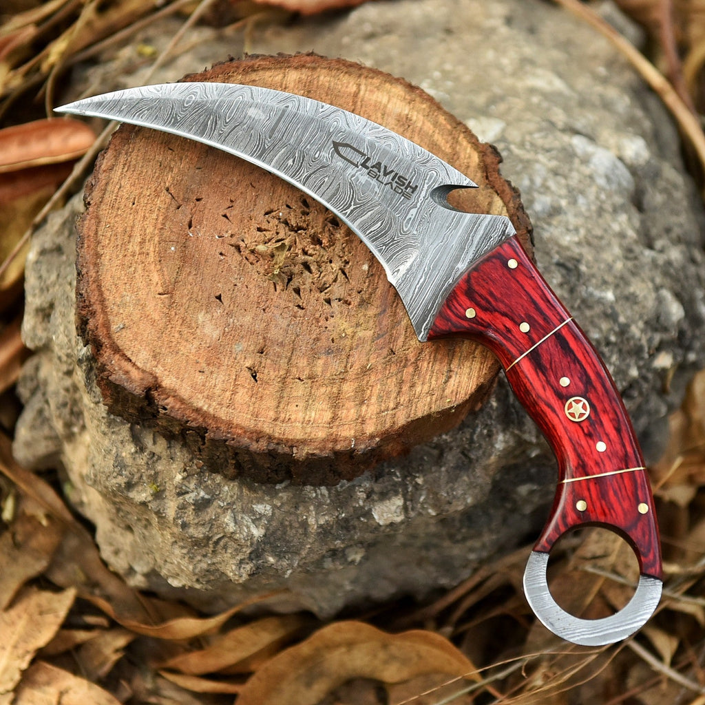 Handcrafted Damascus Karambit Knife 8.5 Inch Red Wood Handle with Sheath - Lavish Blade