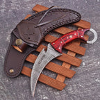Handcrafted Damascus Karambit Knife 8.5 Inch Red Wood Handle with Sheath - Lavish Blade