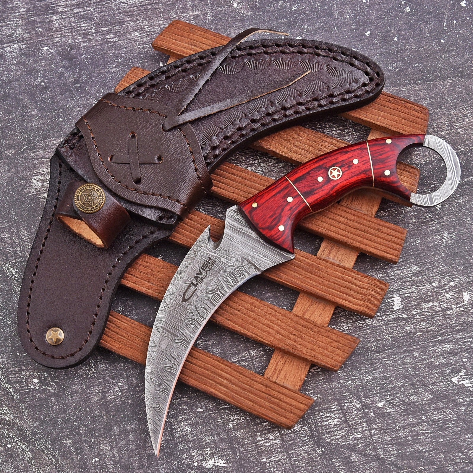 Handcrafted Damascus Karambit Knife 8.5 Inch Red Wood Handle with Sheath - Lavish Blade