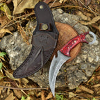 Handcrafted Damascus Karambit Knife 8.5 Inch Red Wood Handle with Sheath - Lavish Blade
