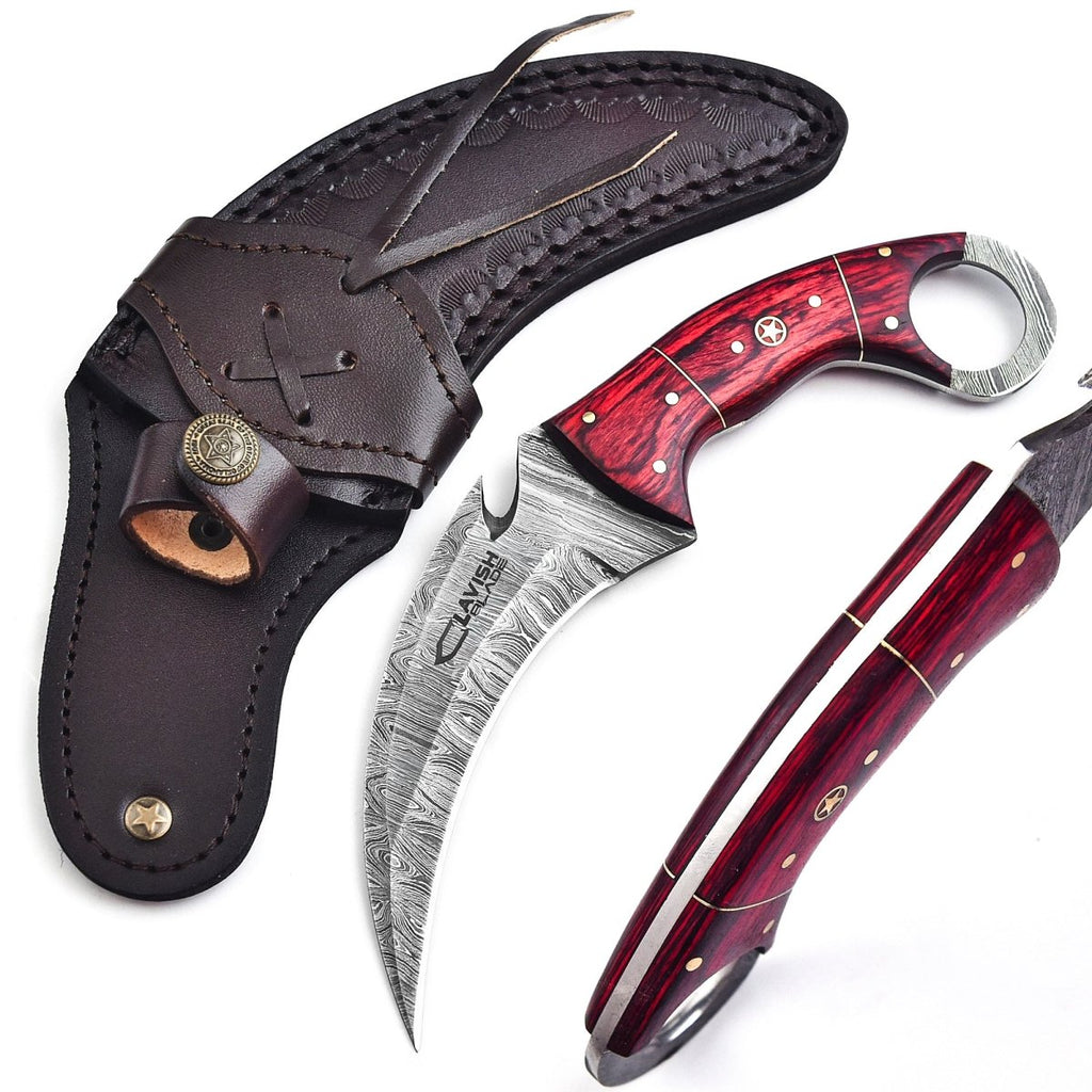 Handcrafted Damascus Karambit Knife 8.5 Inch Red Wood Handle with Sheath - Lavish Blade