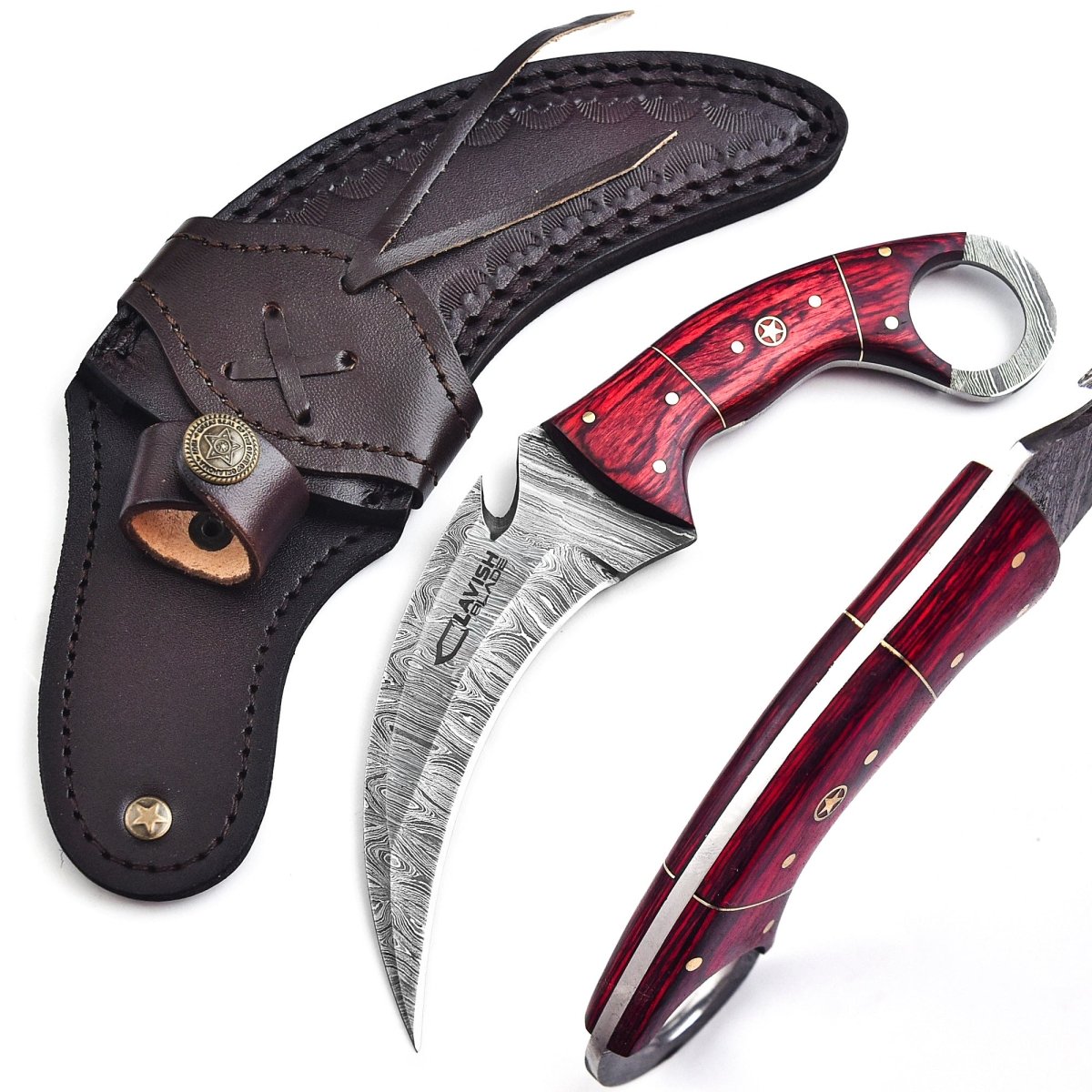 Handcrafted Damascus Karambit Knife 8.5 Inch Red Wood Handle with Sheath - Lavish Blade