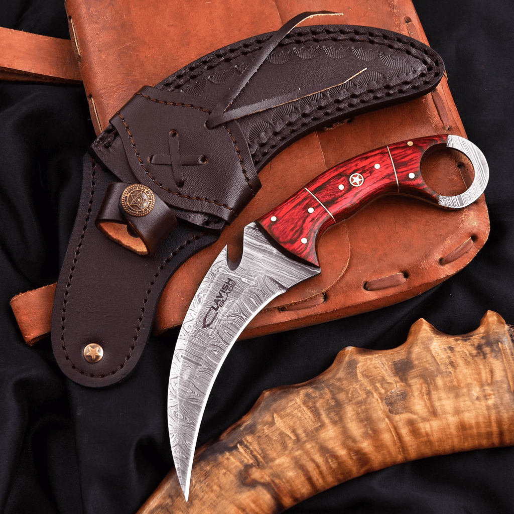 Handcrafted Damascus Karambit Knife 8.5 Inch Red Wood Handle with Sheath - Lavish Blade
