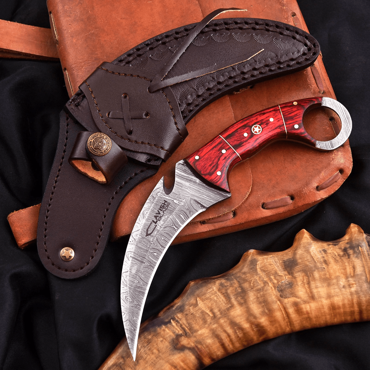 Handcrafted Damascus Karambit Knife 8.5 Inch Red Wood Handle with Sheath - Lavish Blade
