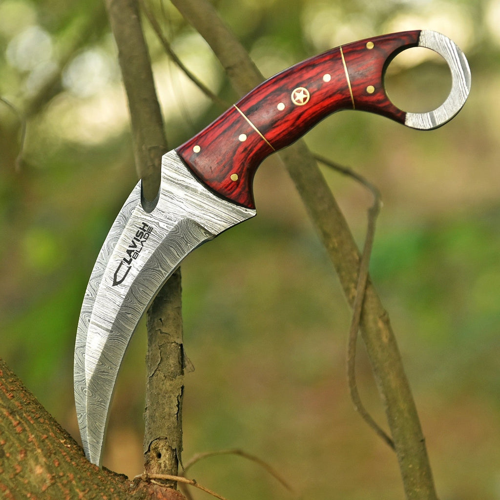 Handcrafted Damascus Karambit Knife 8.5 Inch Red Wood Handle with Sheath - Lavish Blade