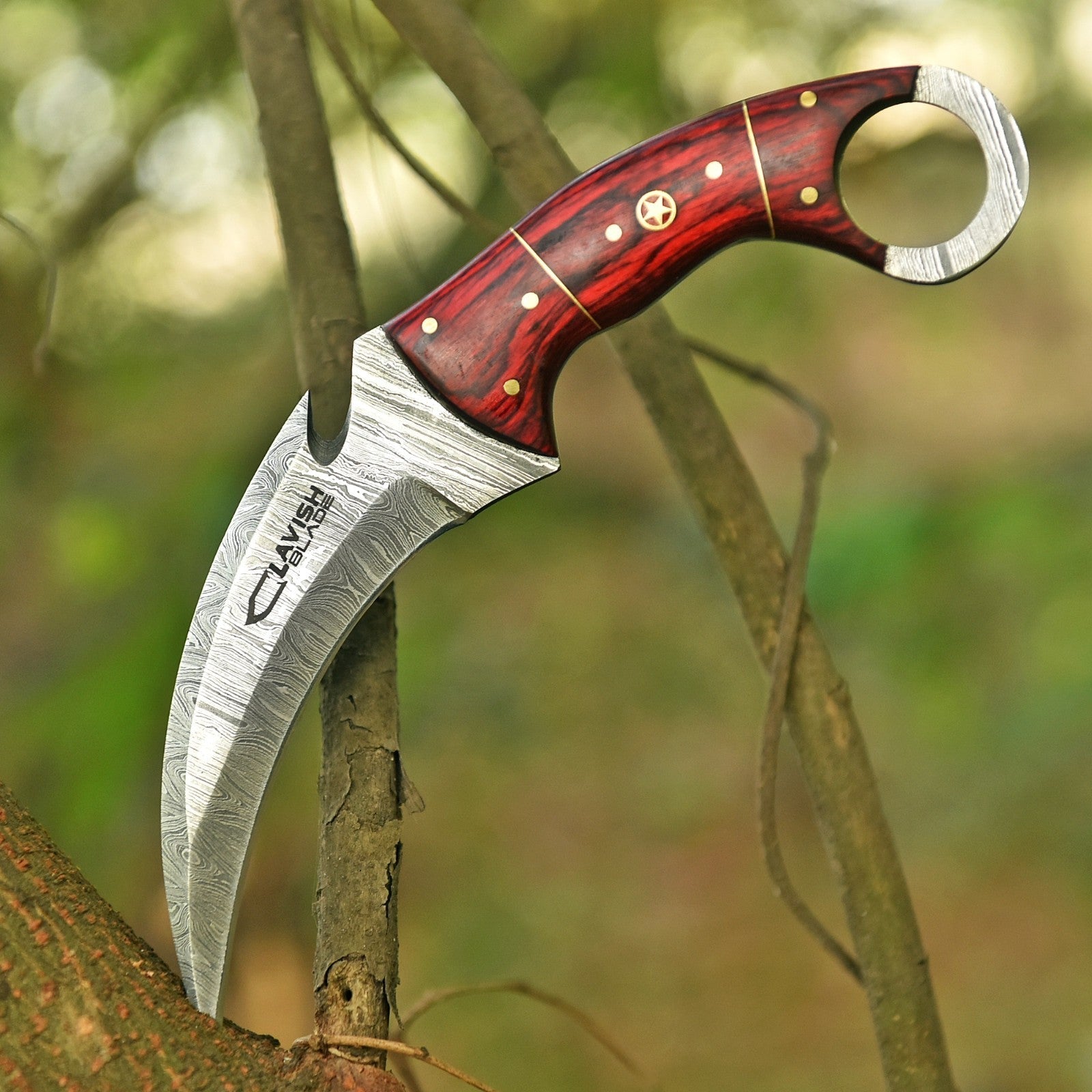 Handcrafted Damascus Karambit Knife 8.5 Inch Red Wood Handle with Sheath - Lavish Blade