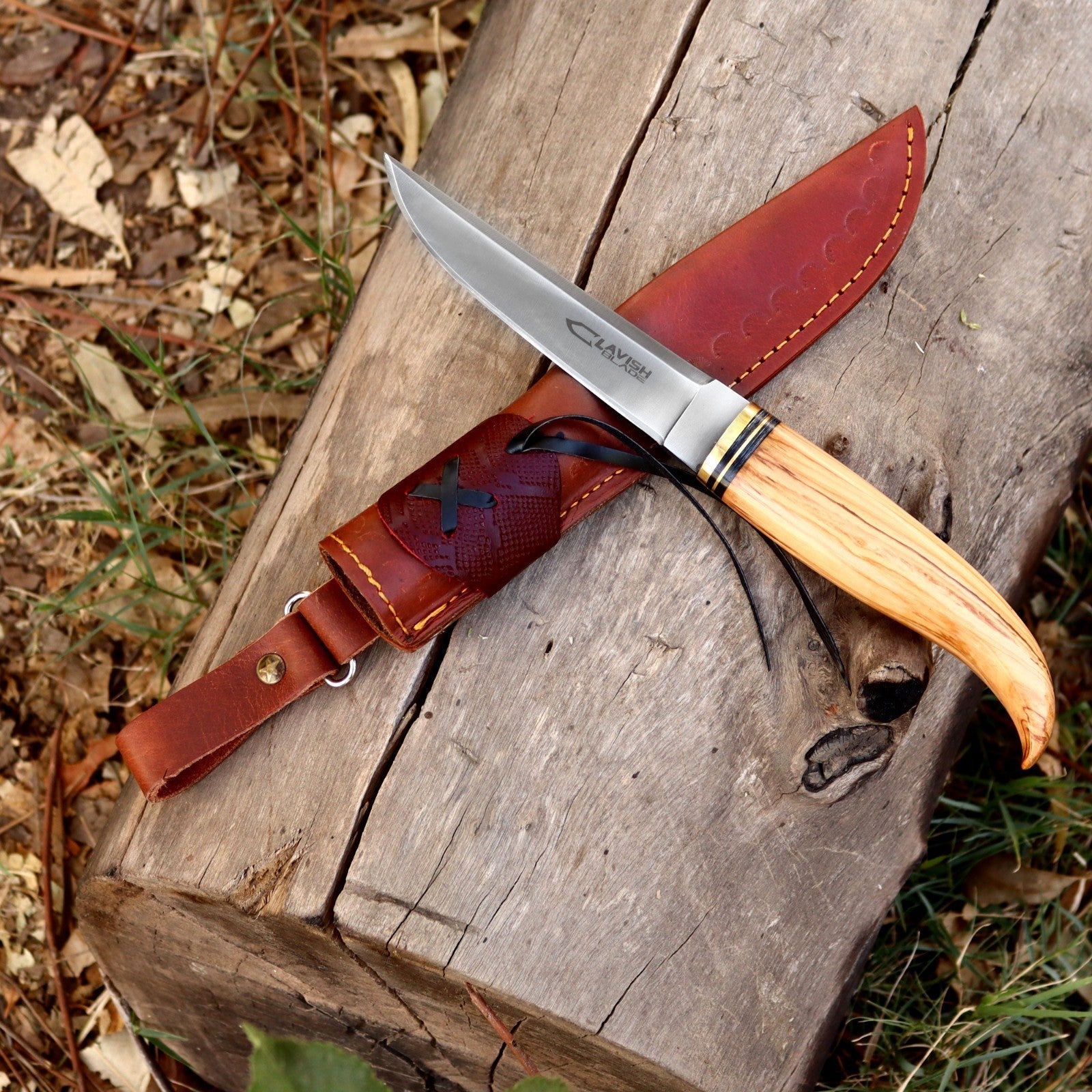 Handmade Acid Wash Bushcraft Knife 10 Inch Olive Wood Handle with Sheath - Lavish Blade