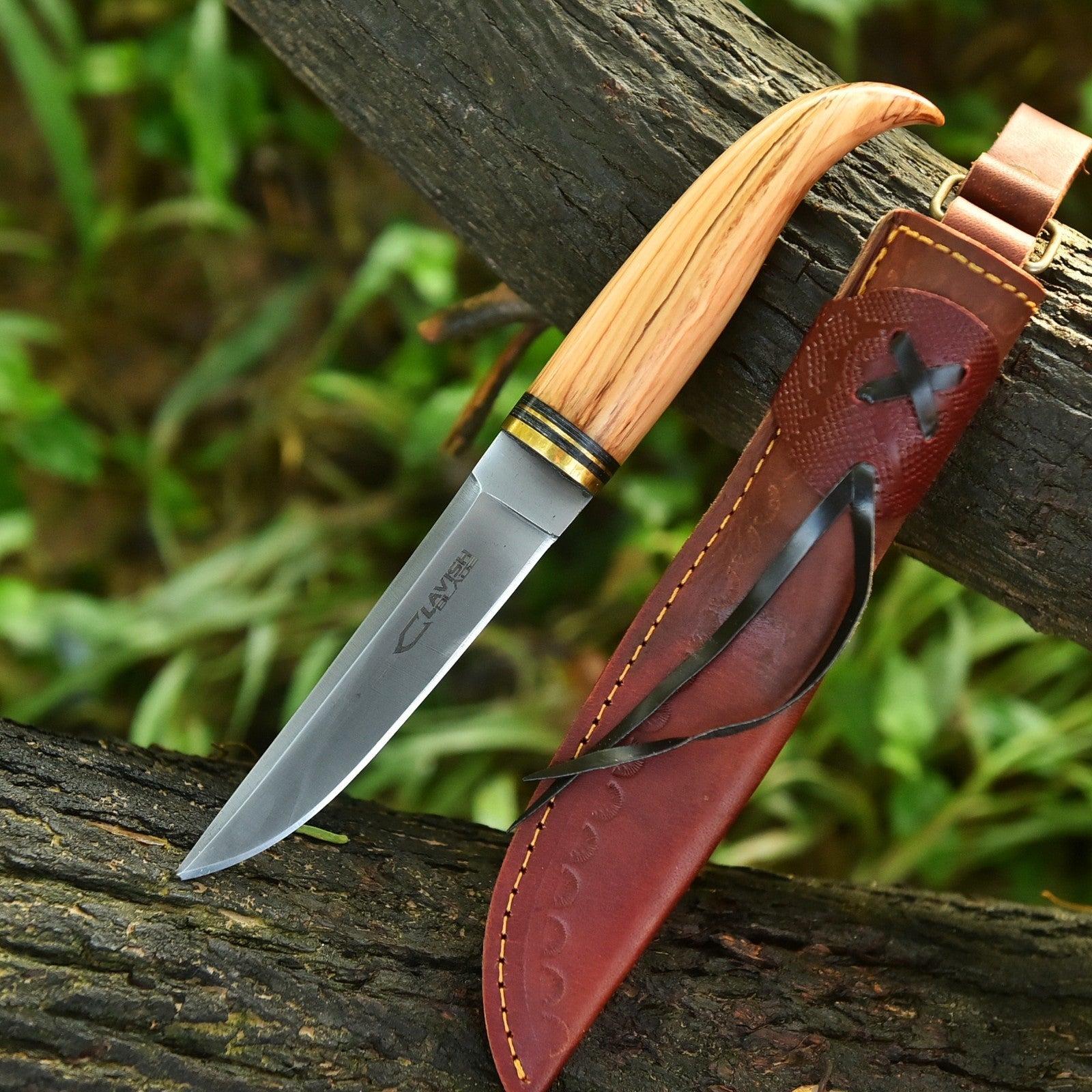 Handmade Acid Wash Bushcraft Knife 10 Inch Olive Wood Handle with Sheath - Lavish Blade