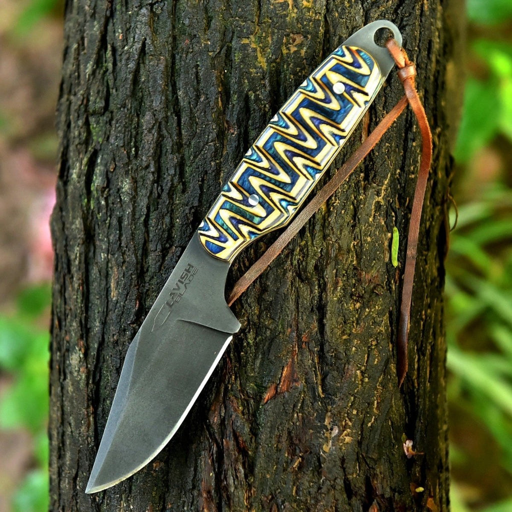 Handmade Acid Wash Hunting Knife 8 Inch Multicolored Wood Handle with Sheath - Lavish Blade