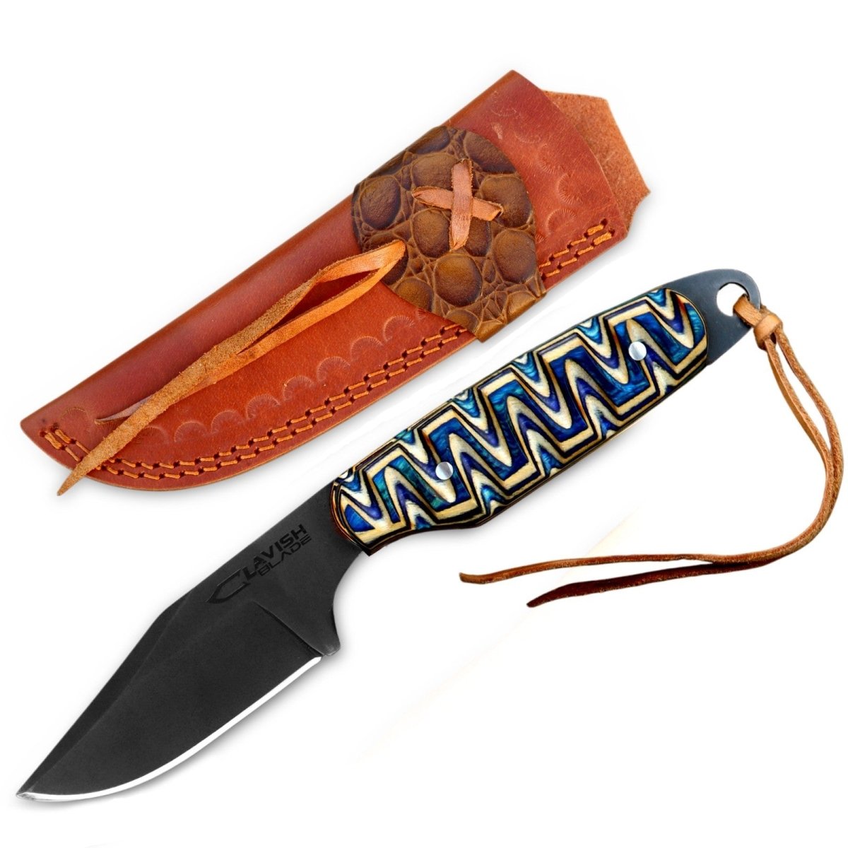 Handmade Acid Wash Hunting Knife 8 Inch Multicolored Wood Handle with Sheath - Lavish Blade