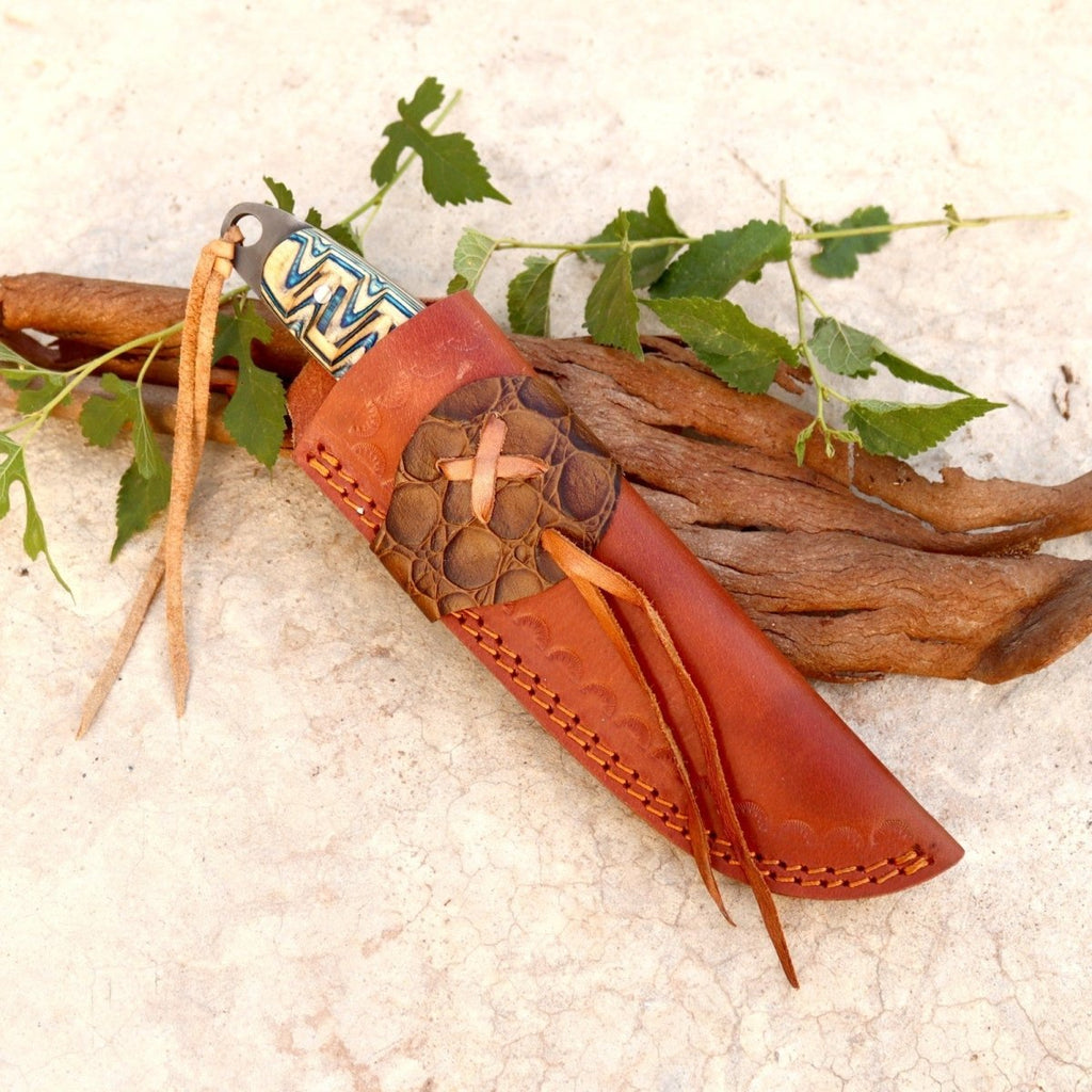 Handmade Acid Wash Hunting Knife 8 Inch Multicolored Wood Handle with Sheath - Lavish Blade