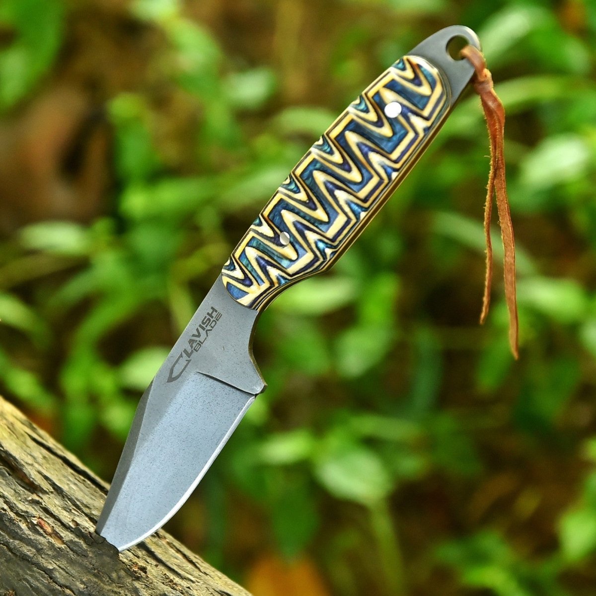 Handmade Acid Wash Hunting Knife 8 Inch Multicolored Wood Handle with Sheath - Lavish Blade
