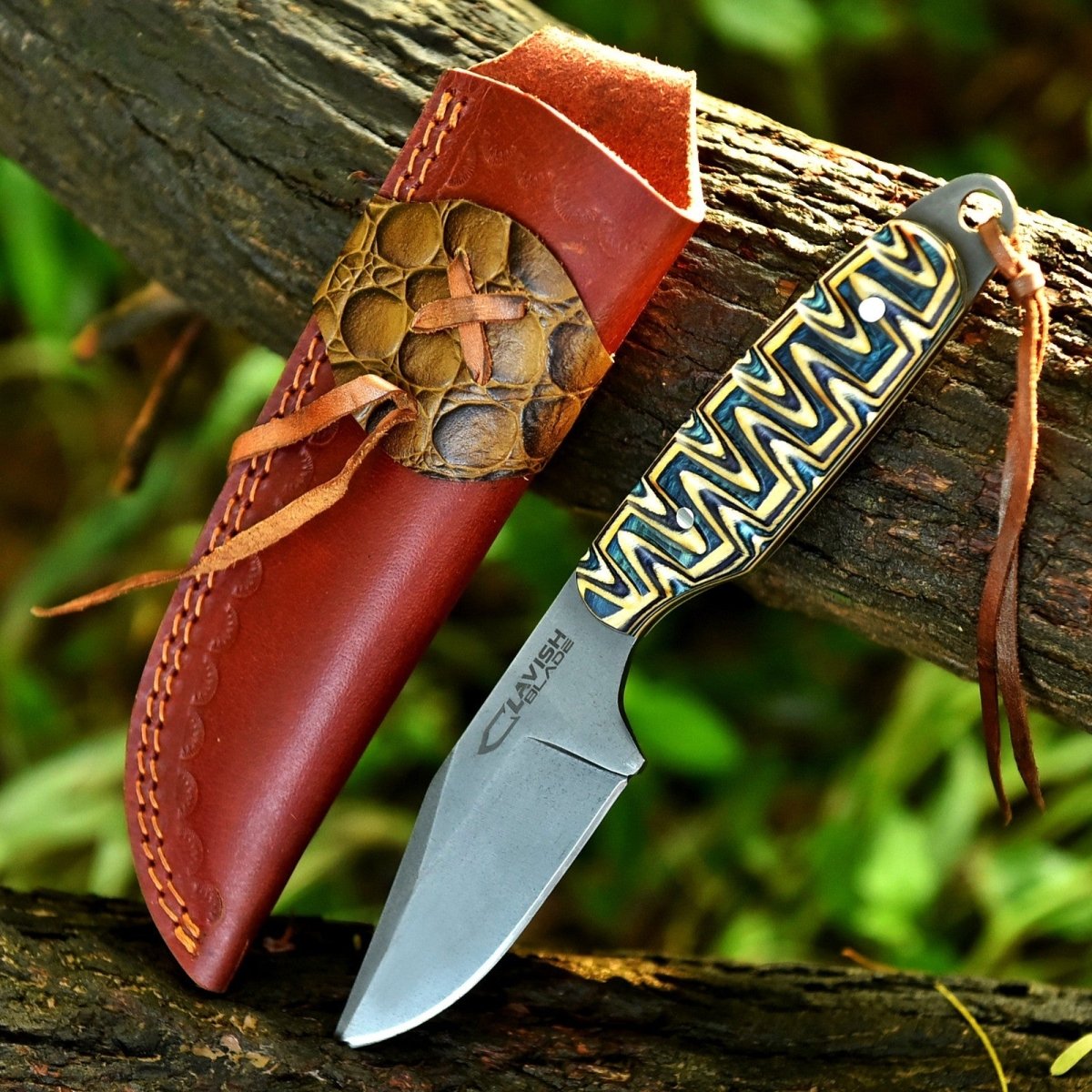 Handmade Acid Wash Hunting Knife 8 Inch Multicolored Wood Handle with Sheath - Lavish Blade