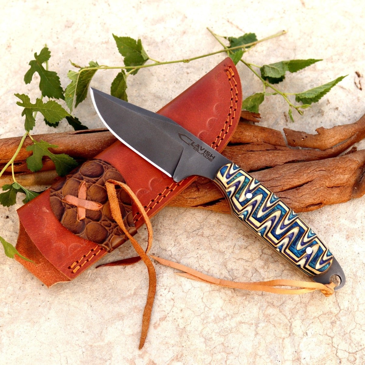 Handmade Acid Wash Hunting Knife 8 Inch Multicolored Wood Handle with Sheath - Lavish Blade
