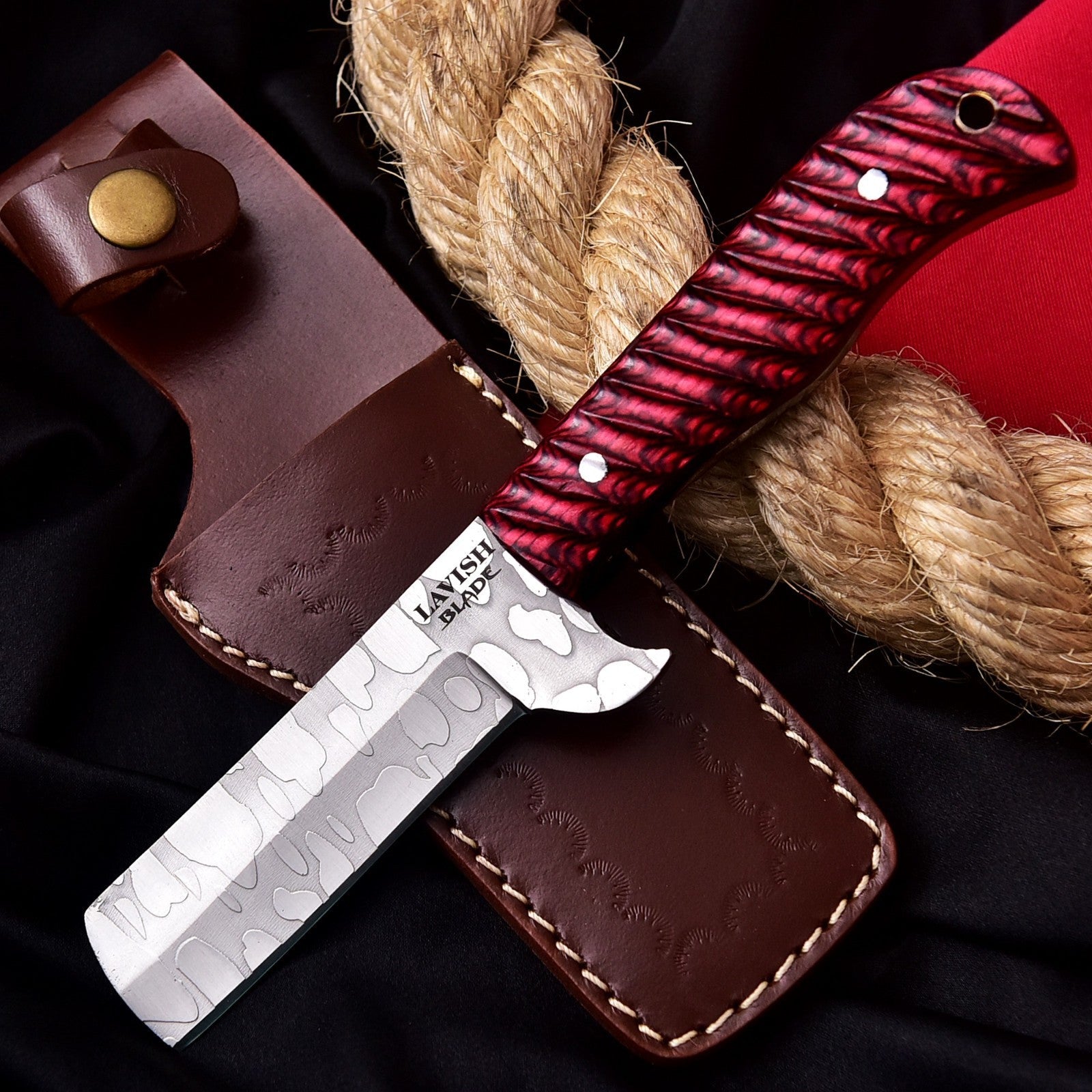 Handmade Cowboy Bull Cutter Knife 8 Inch Red Wood Handle with Leather Sheath - Lavish Blade