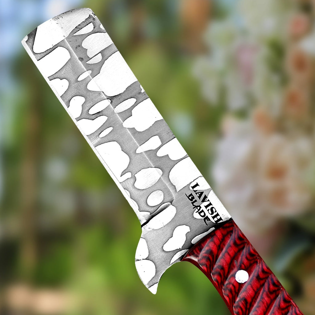 Handmade Cowboy Bull Cutter Knife 8 Inch Red Wood Handle with Leather Sheath - Lavish Blade