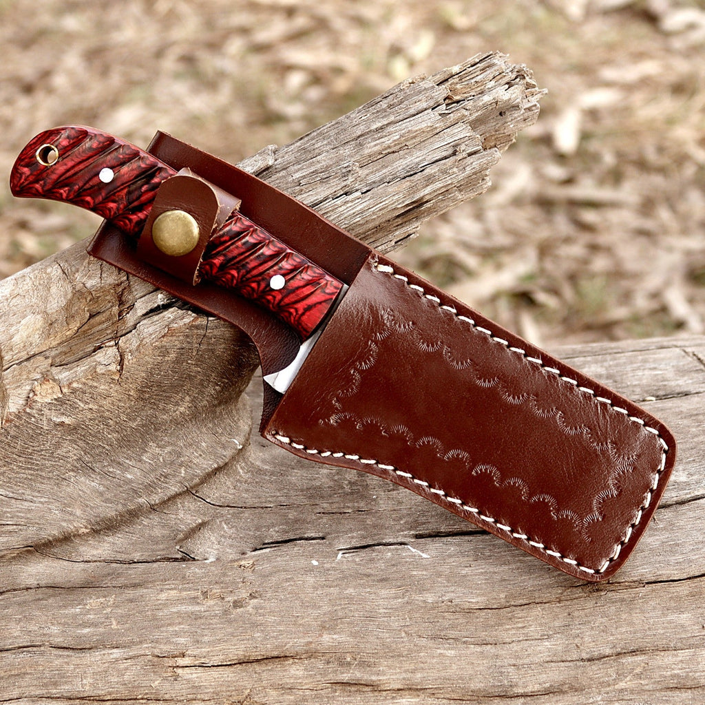 Handmade Cowboy Bull Cutter Knife 8 Inch Red Wood Handle with Leather Sheath - Lavish Blade
