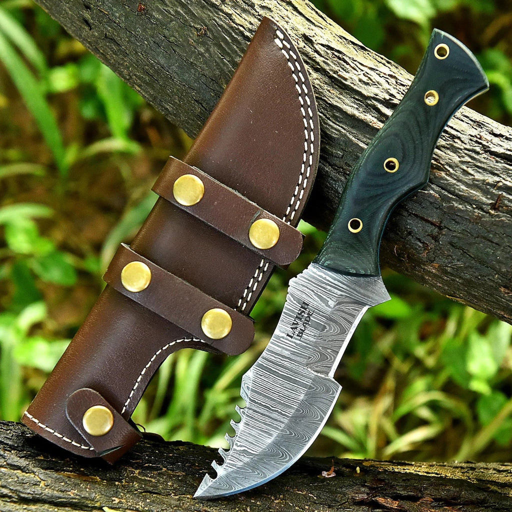 Handmade Damascus Bowie Hunting Knife 10 Inch Green Micarta Handle with Sheath - Lavish Blade