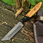 Handmade Damascus Bushcraft Hunting Knife 7.5 Inch Olive Wood Handle with Sheath - Lavish Blade