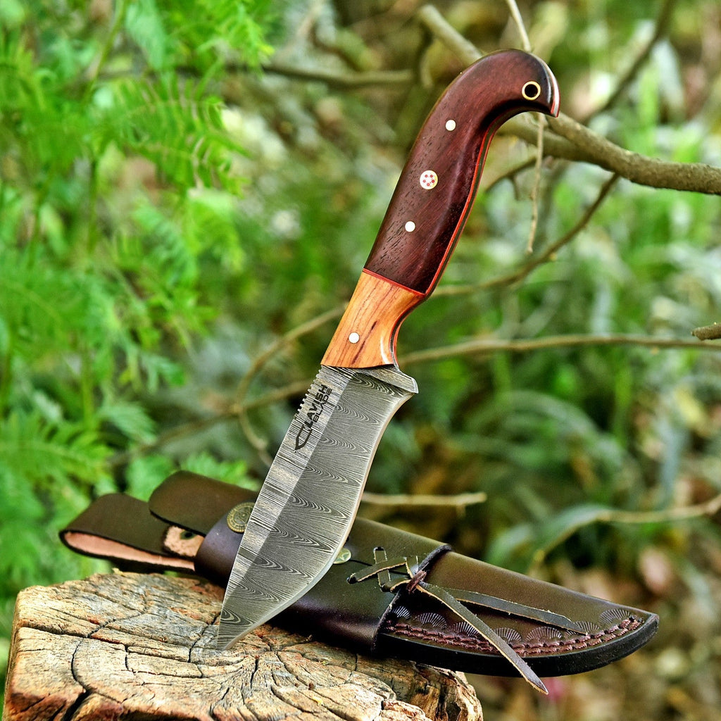 Handmade Damascus Bushcraft Knife 10 Inch Full Tang Wood Handle with Sheath - Lavish Blade