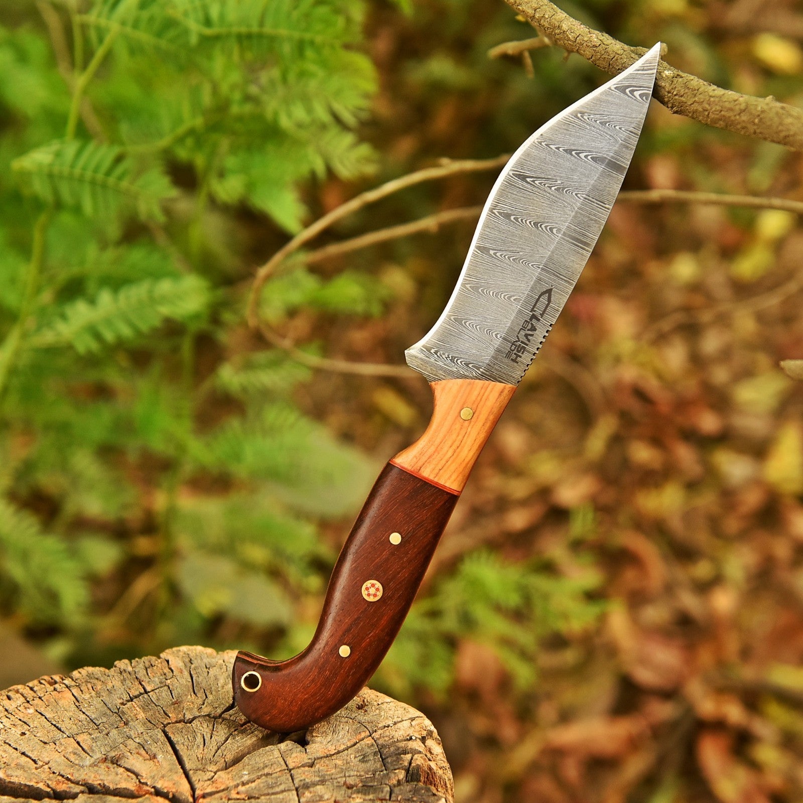 Handmade Damascus Bushcraft Knife 10 Inch Full Tang Wood Handle with Sheath - Lavish Blade