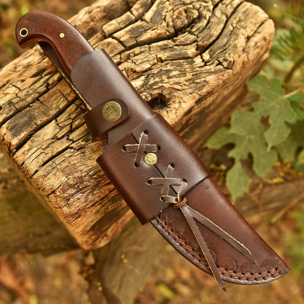 Handmade Damascus Bushcraft Knife 10 Inch Full Tang Wood Handle with Sheath - Lavish Blade