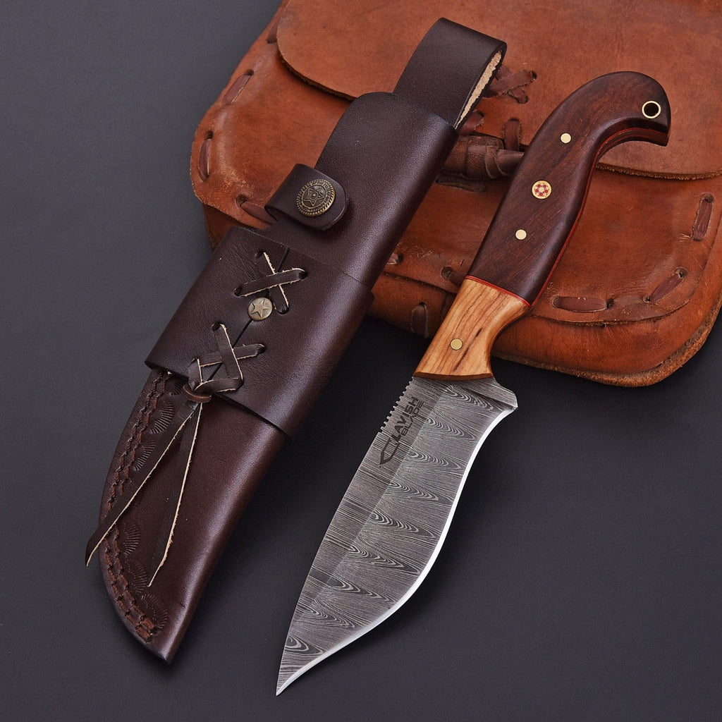Handmade Damascus Bushcraft Knife 10 Inch Full Tang Wood Handle with Sheath - Lavish Blade