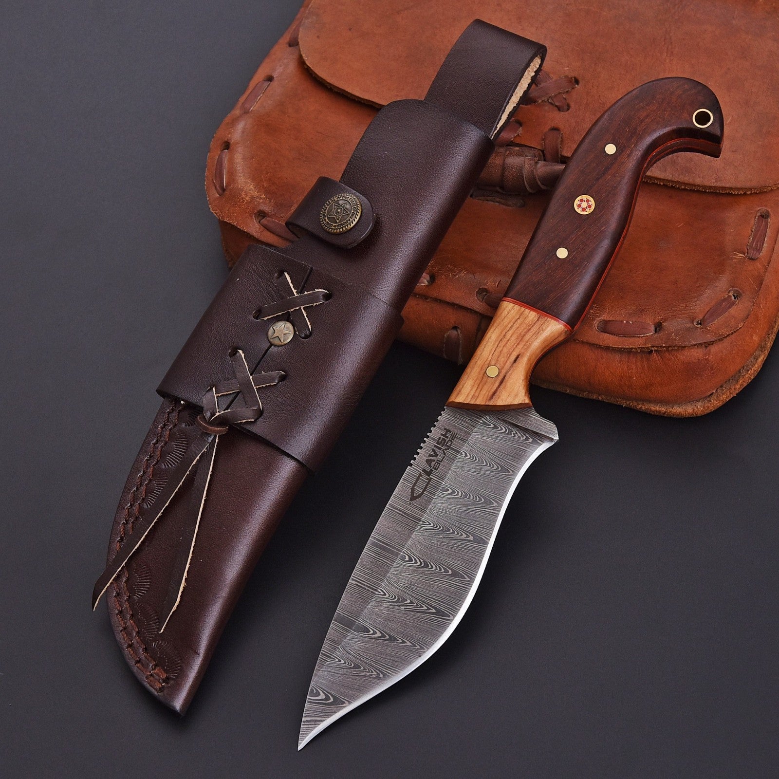 Handmade Damascus Bushcraft Knife 10 Inch Full Tang Wood Handle with Sheath - Lavish Blade