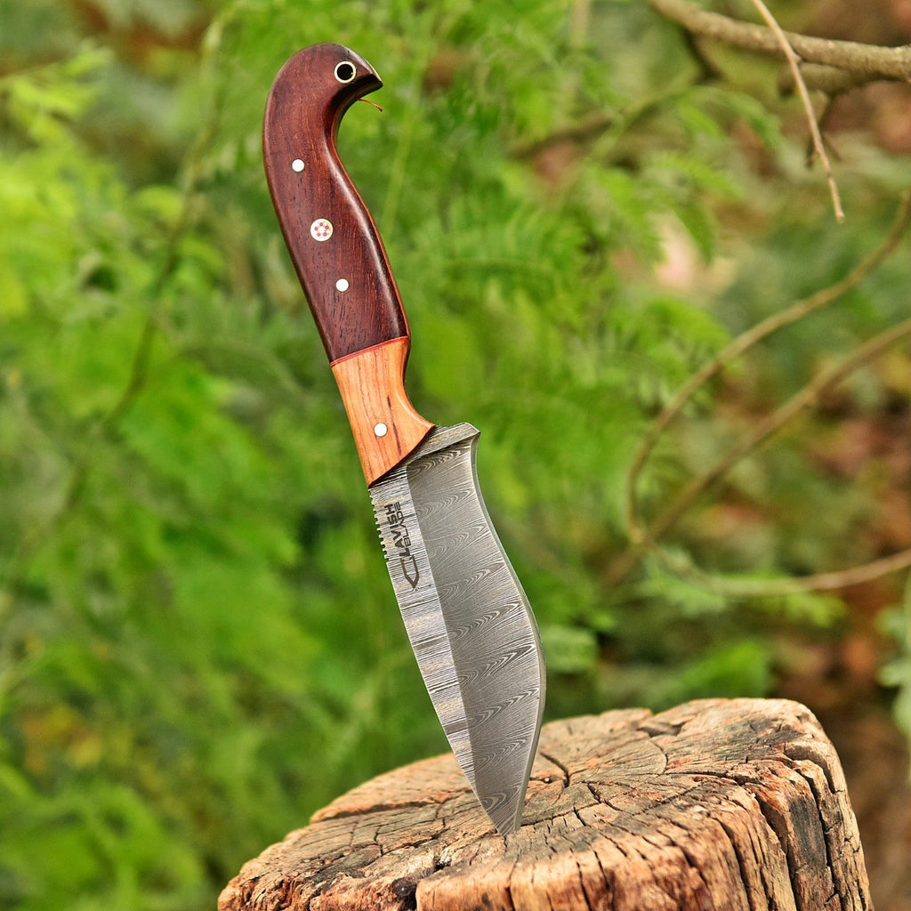 Handmade Damascus Bushcraft Knife 10 Inch Full Tang Wood Handle with Sheath - Lavish Blade