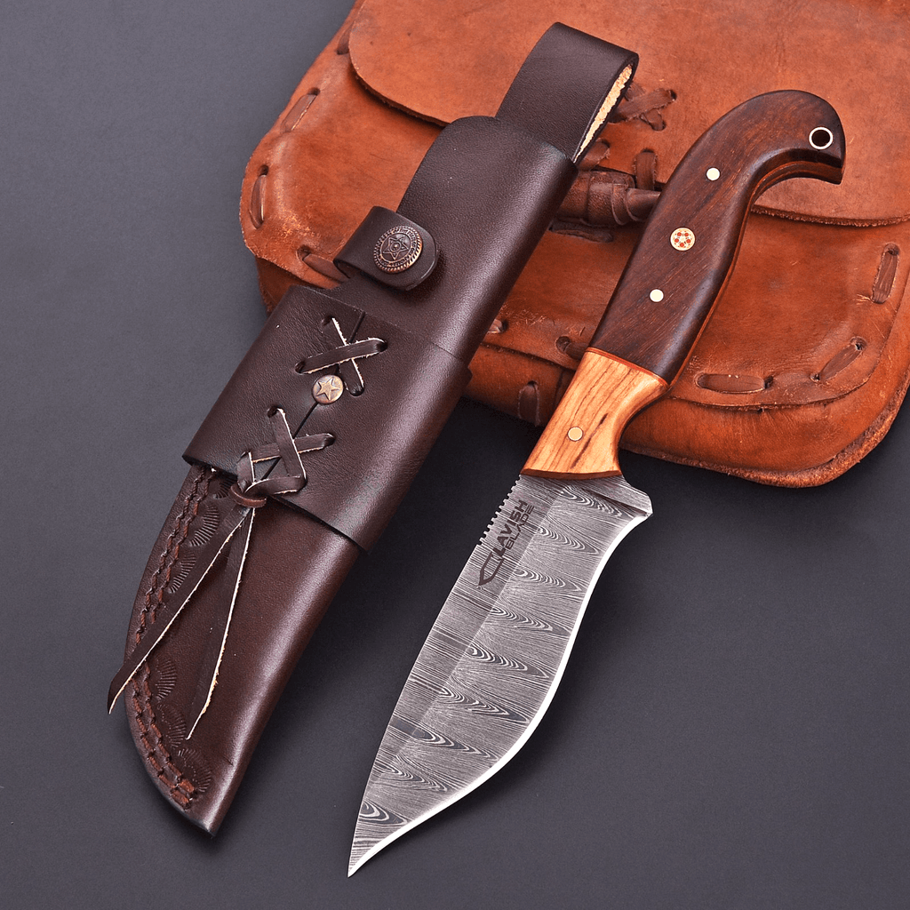 Handmade Damascus Bushcraft Knife 10 Inch Full Tang Wood Handle with Sheath - Lavish Blade