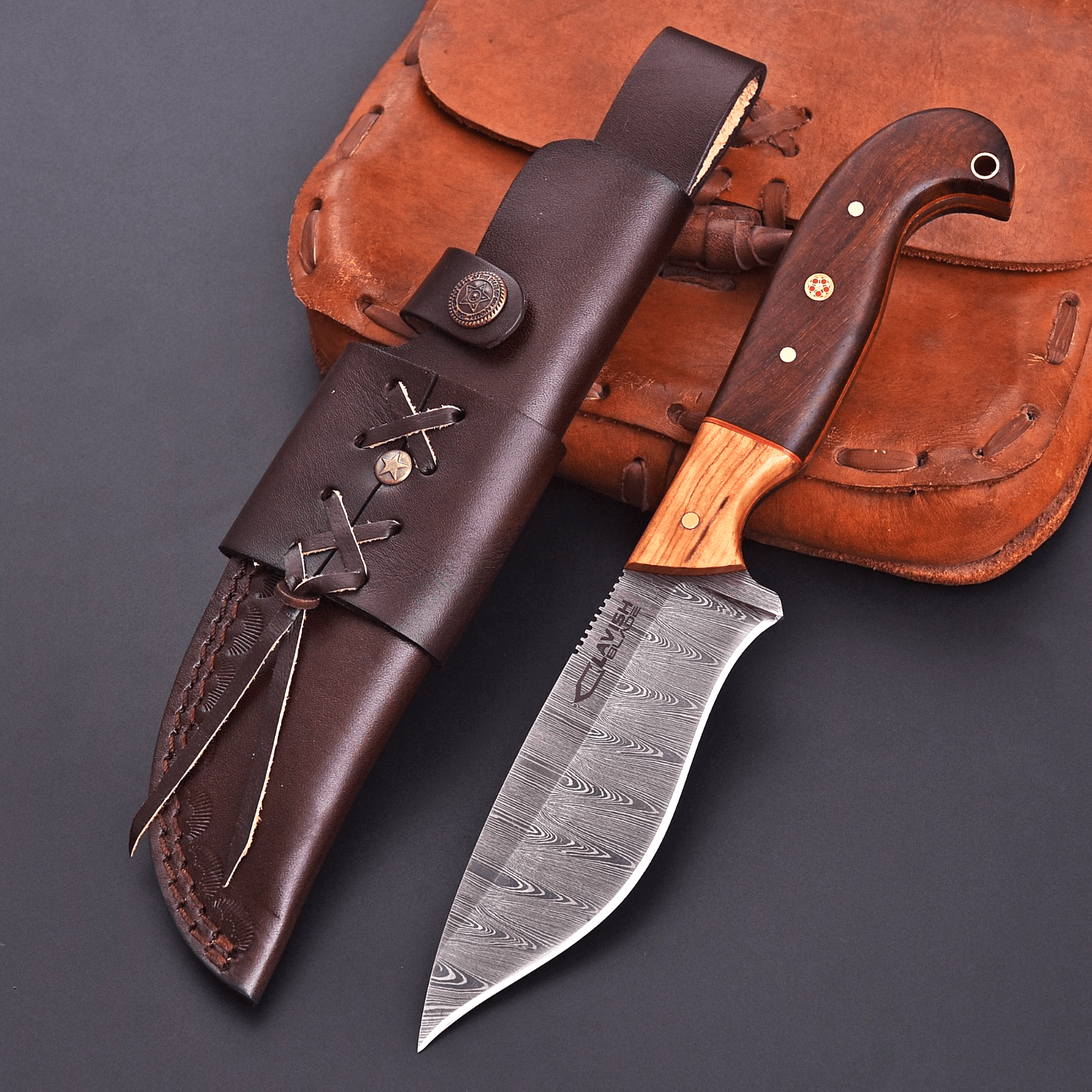 Handmade Damascus Bushcraft Knife 10 Inch Full Tang Wood Handle with Sheath - Lavish Blade