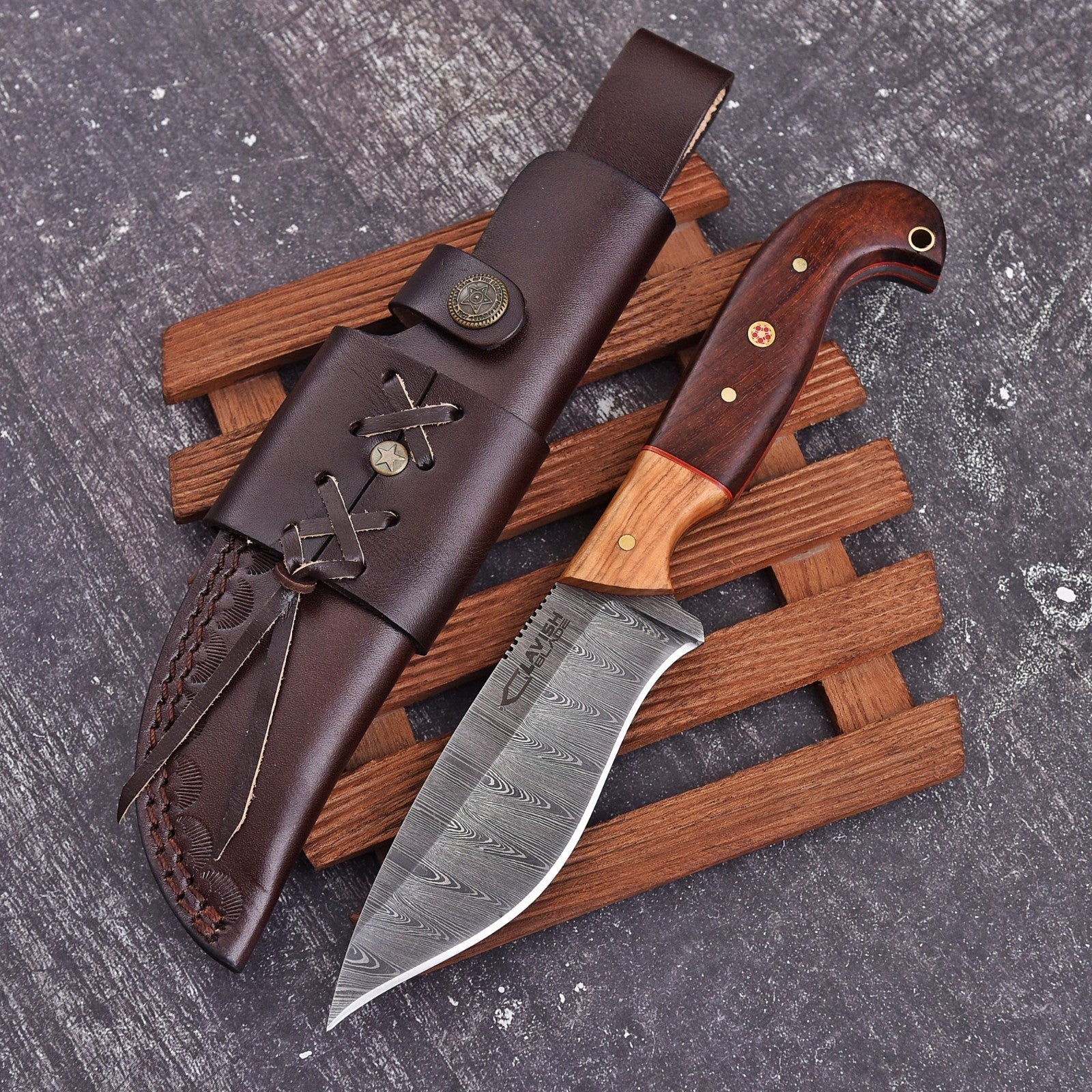 Handmade Damascus Bushcraft Knife 10 Inch Full Tang Wood Handle with Sheath - Lavish Blade