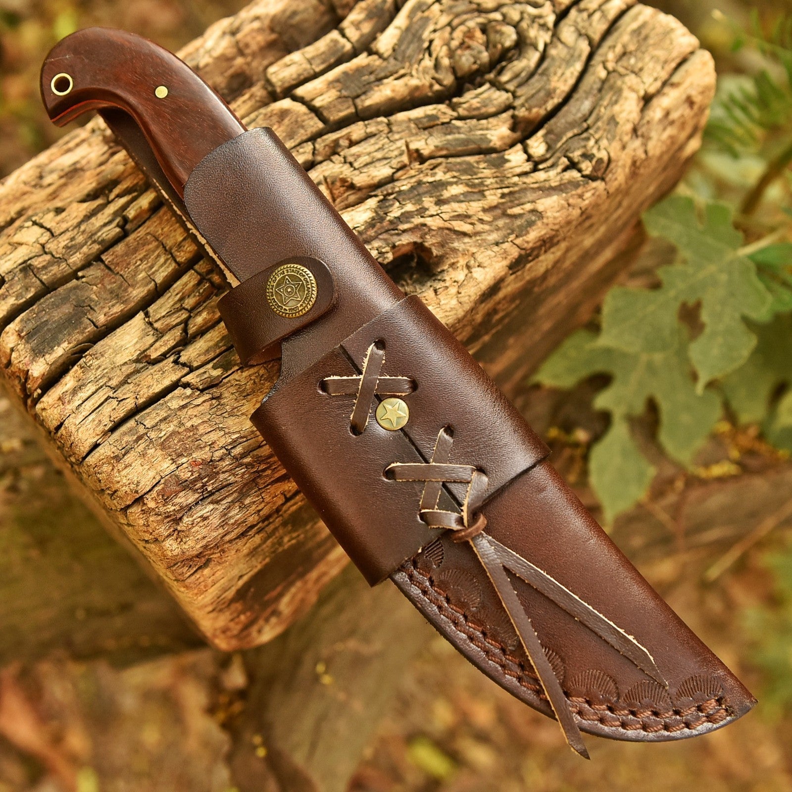 Handmade Damascus Bushcraft Knife 10 Inch Full Tang Wood Handle with Sheath - Lavish Blade