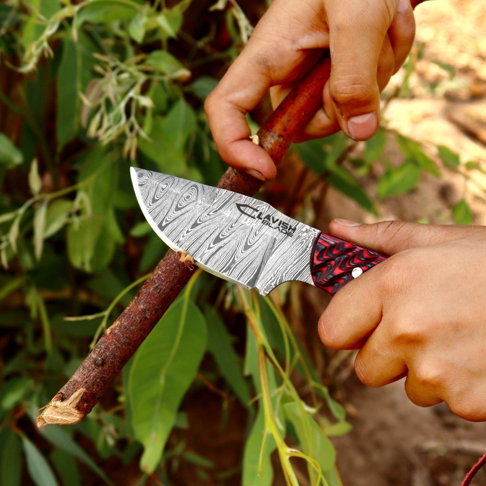 Handmade Damascus Bushcraft Knife 8 Inch Red Wood Handle with Leather Sheath - Lavish Blade