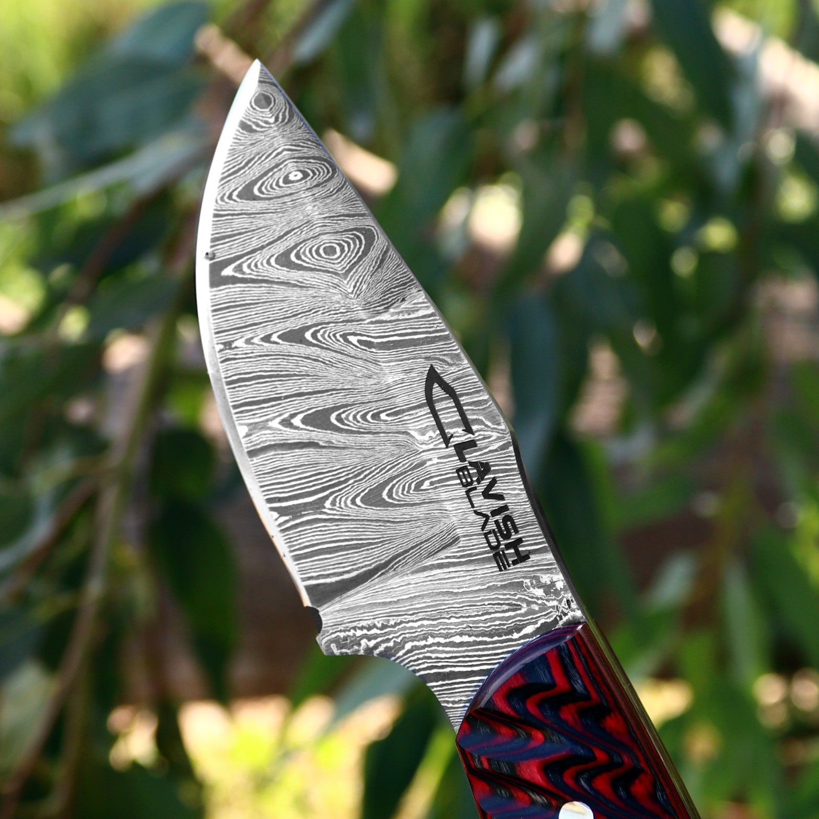 Handmade Damascus Bushcraft Knife 8 Inch Red Wood Handle with Leather Sheath - Lavish Blade
