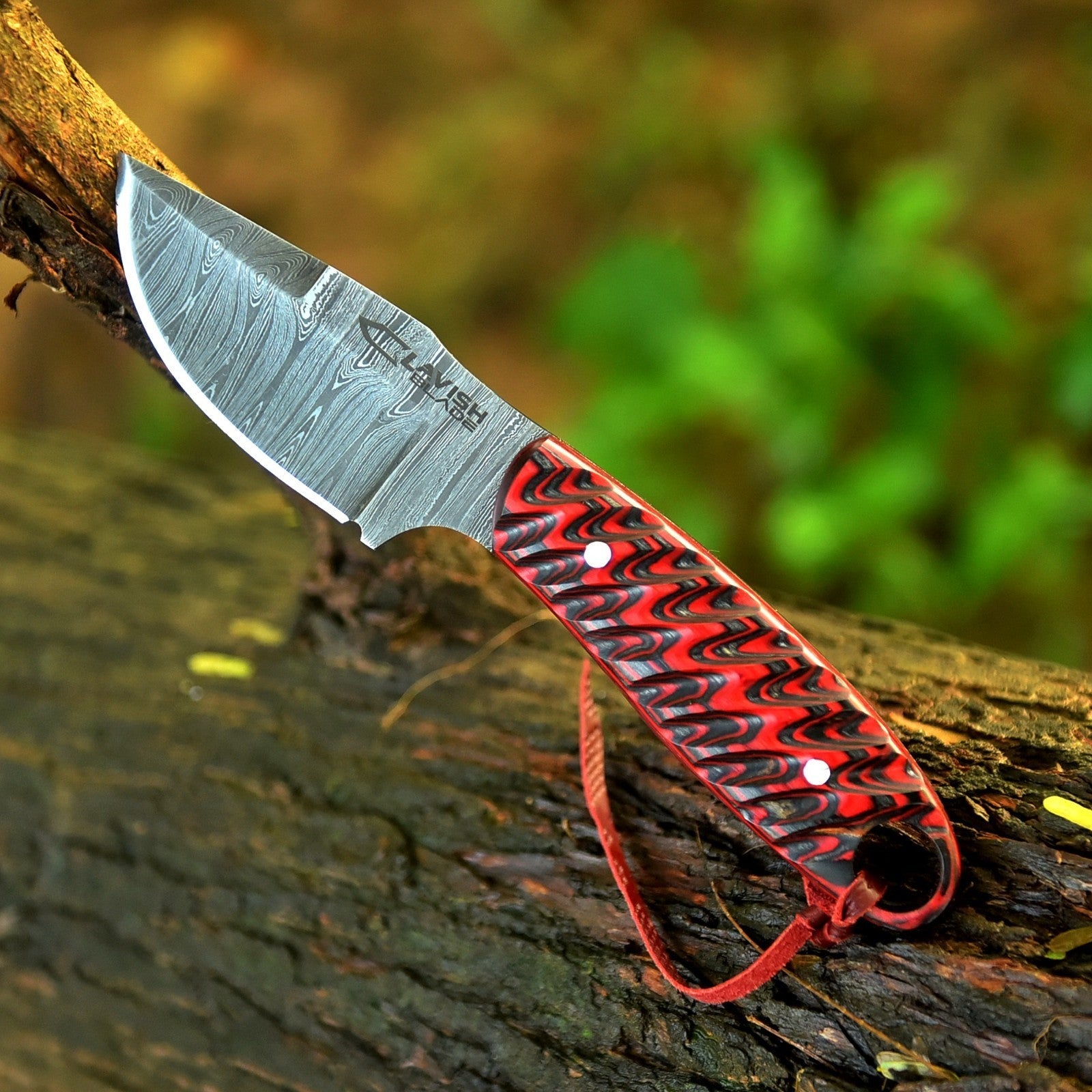 Handmade Damascus Bushcraft Knife 8 Inch Red Wood Handle with Leather Sheath - Lavish Blade
