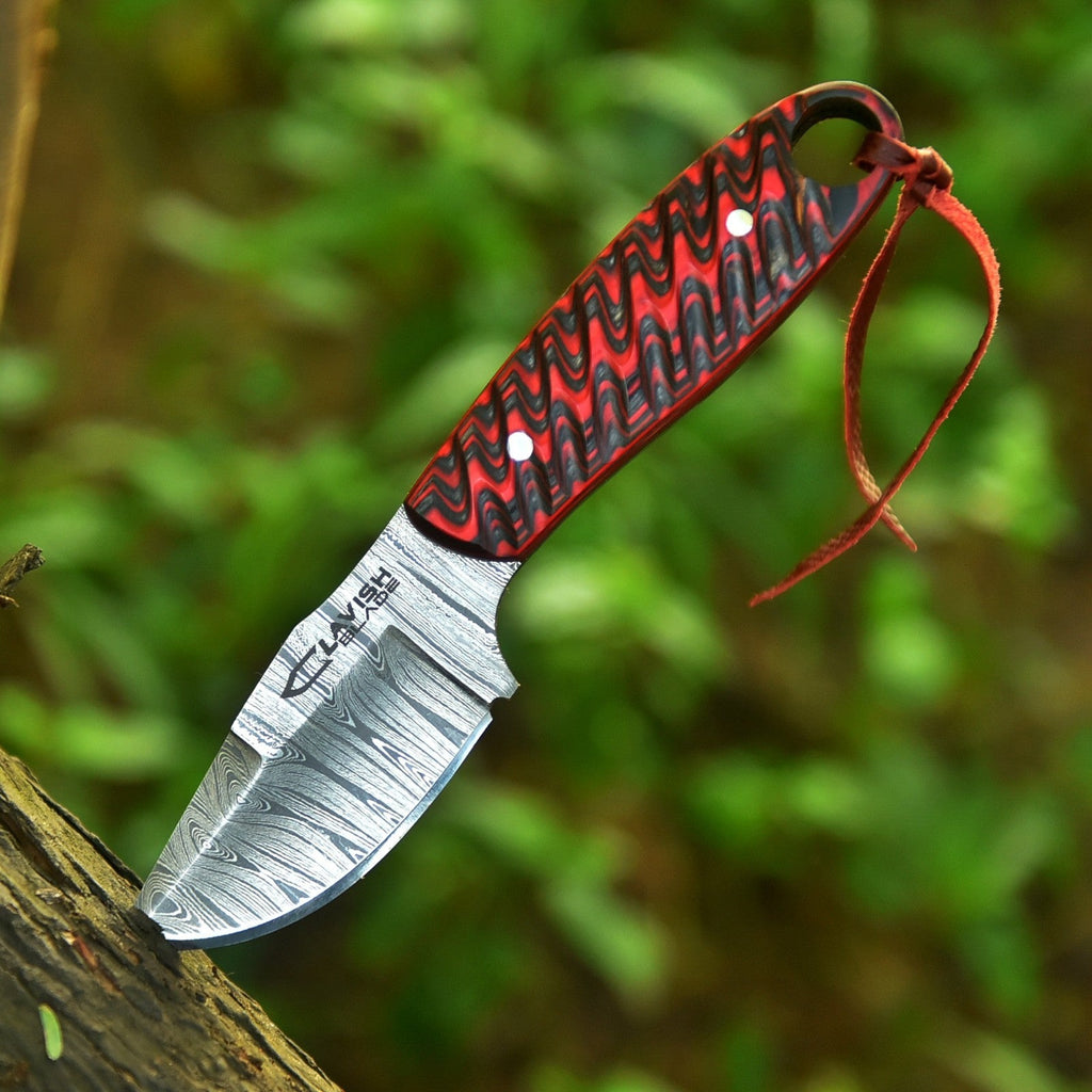 Handmade Damascus Bushcraft Knife 8 Inch Red Wood Handle with Leather Sheath - Lavish Blade