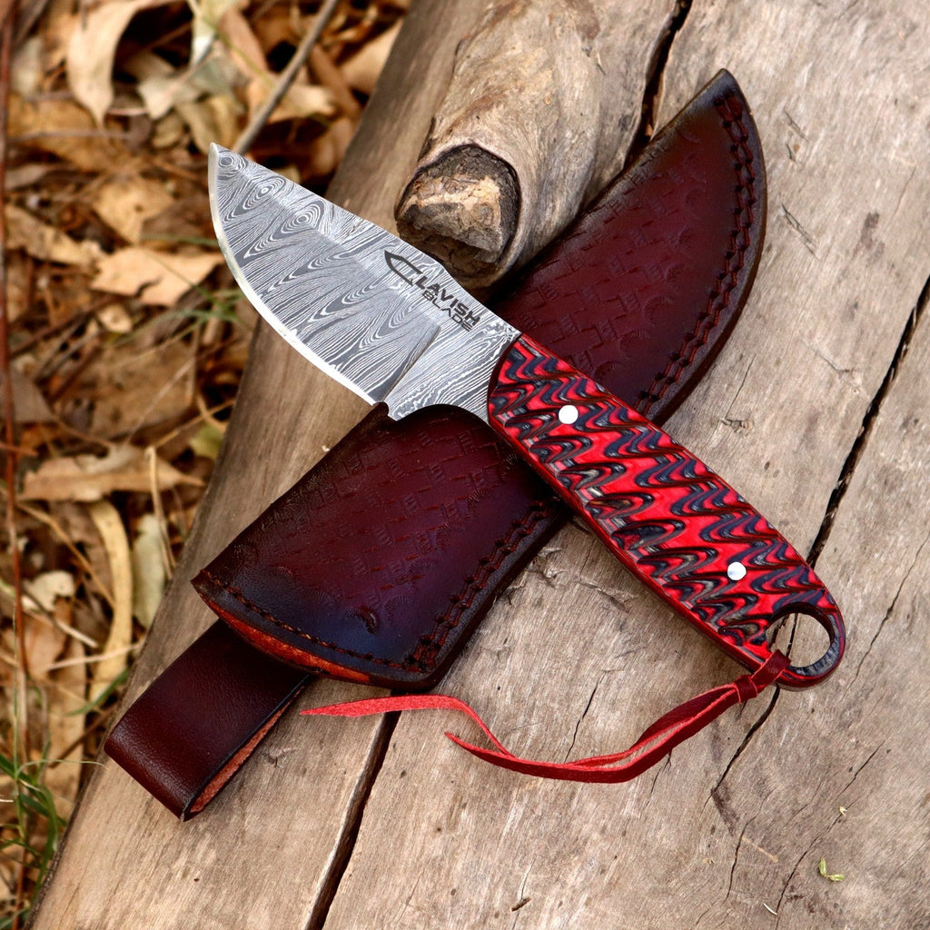 Handmade Damascus Bushcraft Knife 8 Inch Red Wood Handle with Leather Sheath - Lavish Blade