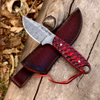 Handmade Damascus Bushcraft Knife 8 Inch Red Wood Handle with Leather Sheath - Lavish Blade