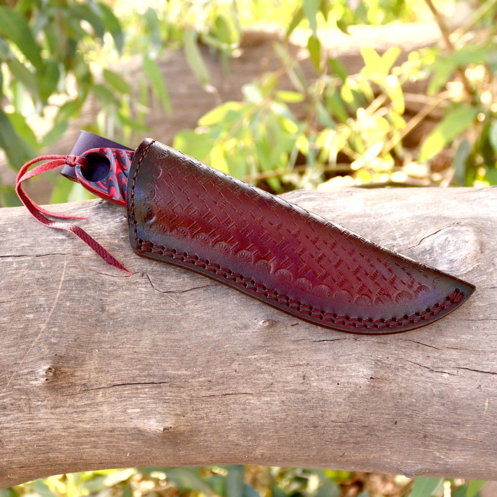 Handmade Damascus Bushcraft Knife 8 Inch Red Wood Handle with Leather Sheath - Lavish Blade