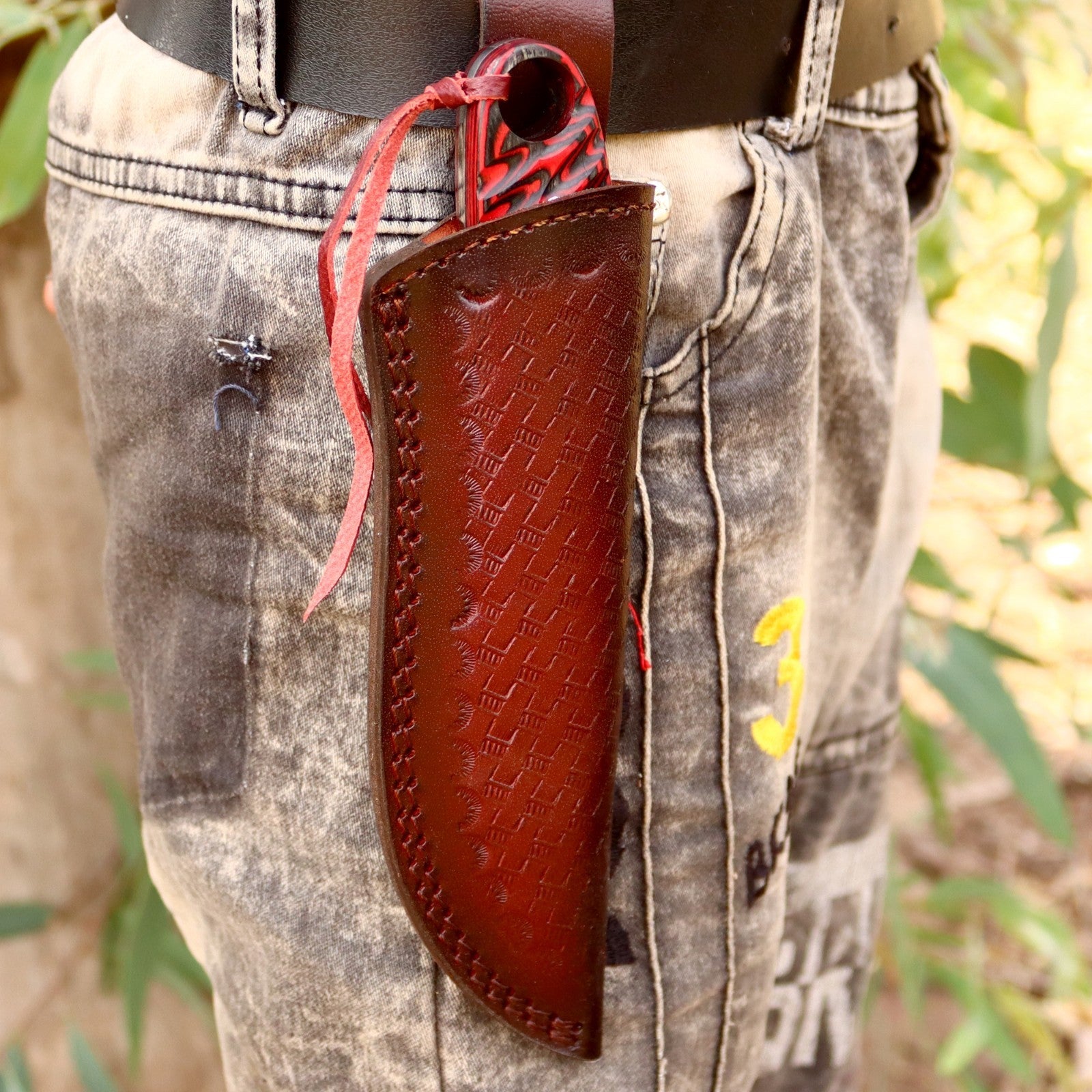 Handmade Damascus Bushcraft Knife 8 Inch Red Wood Handle with Leather Sheath - Lavish Blade